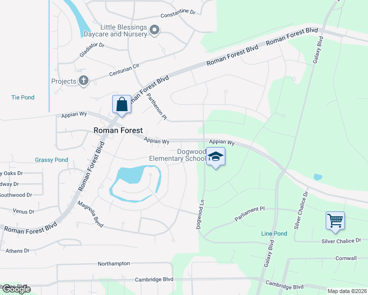 map of restaurants, bars, coffee shops, grocery stores, and more near 634 Magnolia Bend in Roman Forest