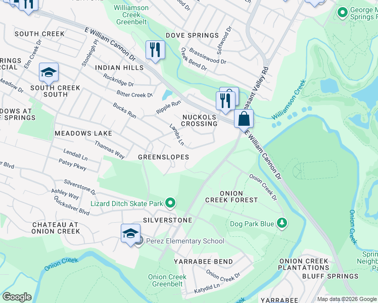 map of restaurants, bars, coffee shops, grocery stores, and more near 5001 Lambs Lane in Austin