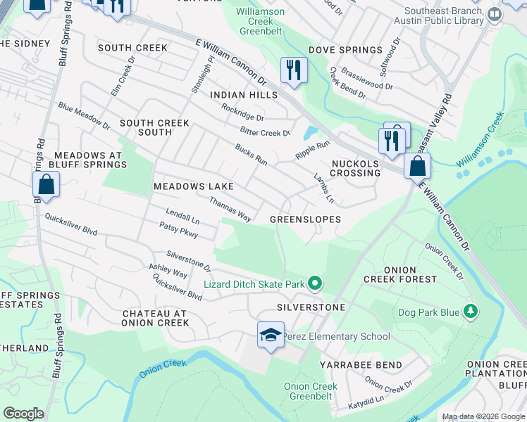 map of restaurants, bars, coffee shops, grocery stores, and more near 4613 Blue Meadow Drive in Austin