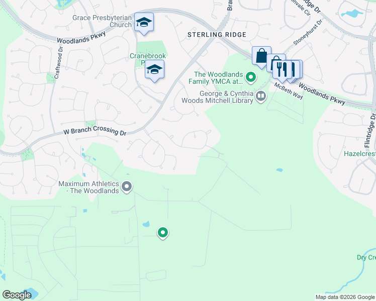 map of restaurants, bars, coffee shops, grocery stores, and more near 82 South Vesper Bend Circle in Spring