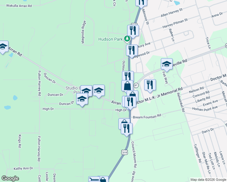 map of restaurants, bars, coffee shops, grocery stores, and more near 80 Covington Circle in Crawfordville