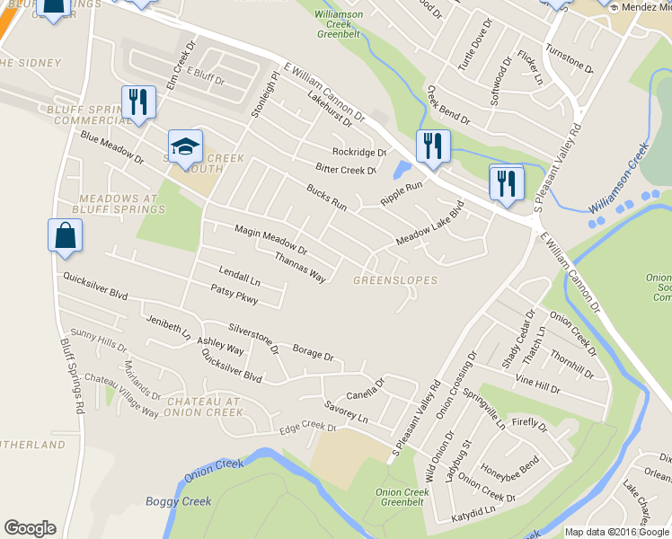 map of restaurants, bars, coffee shops, grocery stores, and more near Magin Meadow Dr & Thannas Way in Austin