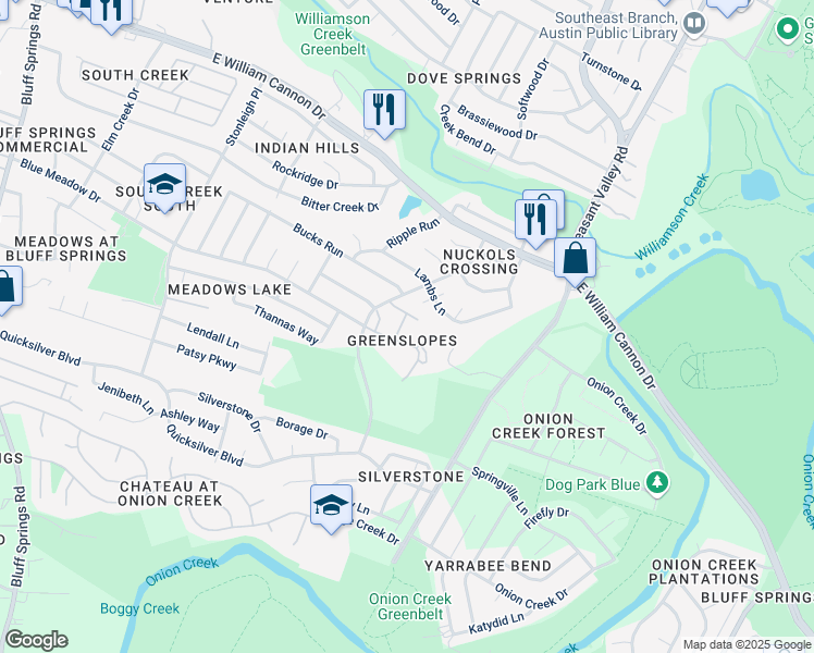 map of restaurants, bars, coffee shops, grocery stores, and more near 6901 Lovely Lane in Austin