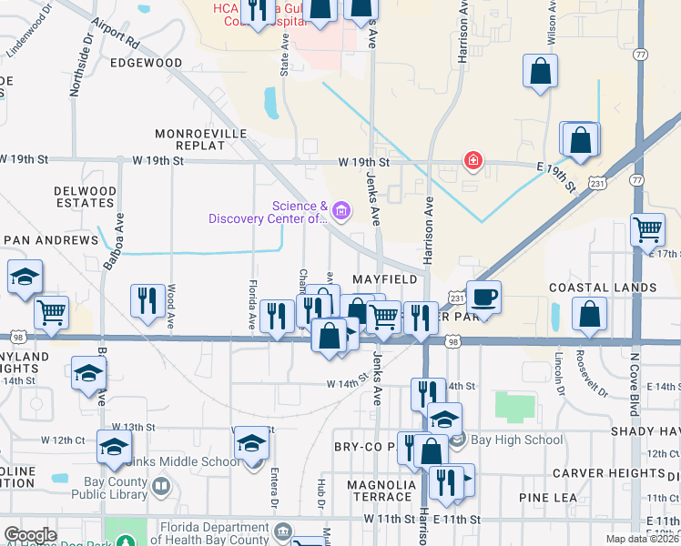 map of restaurants, bars, coffee shops, grocery stores, and more near 1545 Oak Avenue in Panama City