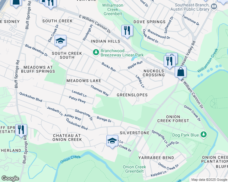 map of restaurants, bars, coffee shops, grocery stores, and more near 4613 Blue Meadow Drive in Austin