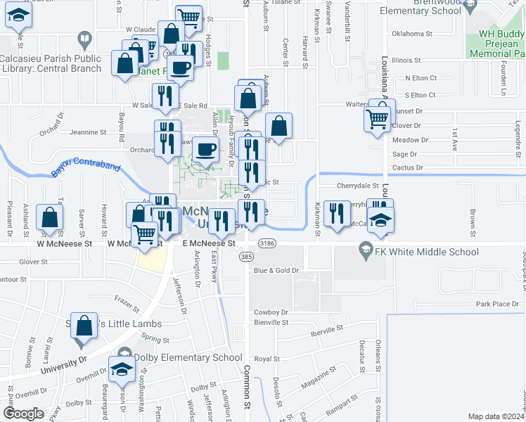 map of restaurants, bars, coffee shops, grocery stores, and more near 4320 Auburn Street in Lake Charles