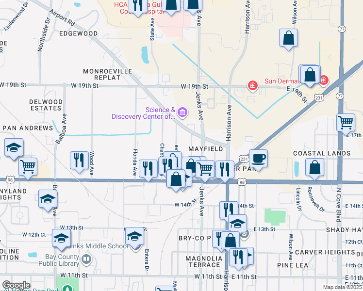map of restaurants, bars, coffee shops, grocery stores, and more near 1545 Oak Avenue in Panama City