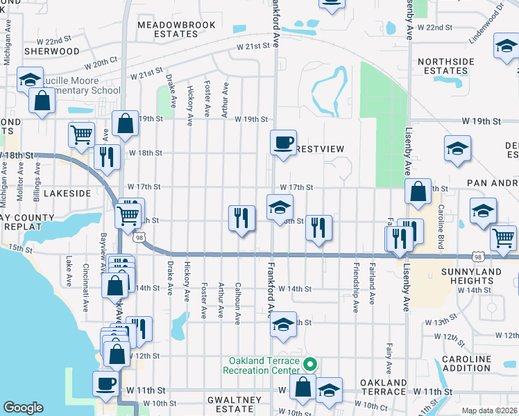 map of restaurants, bars, coffee shops, grocery stores, and more near 1613 Clay Avenue in Panama City