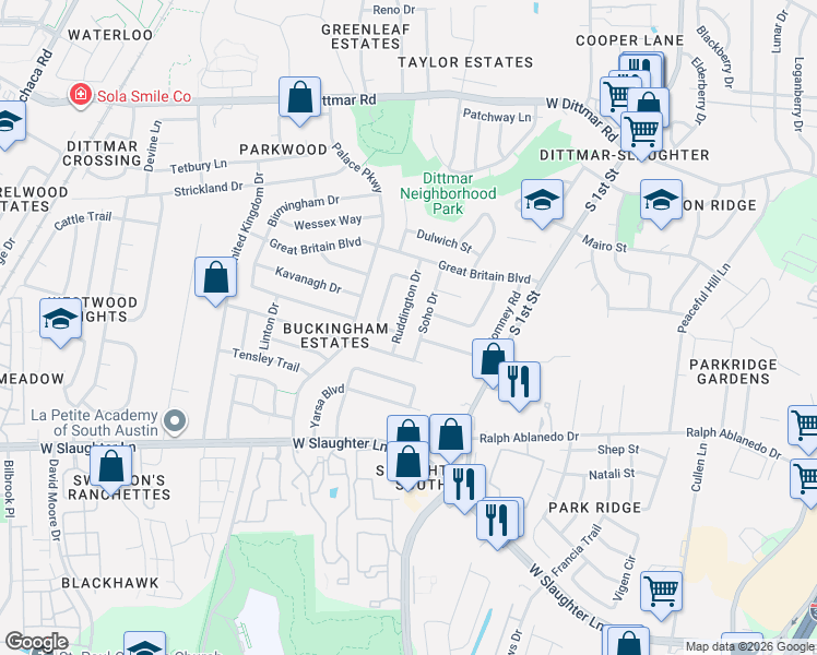 map of restaurants, bars, coffee shops, grocery stores, and more near 8604 Ruddington Drive in Austin