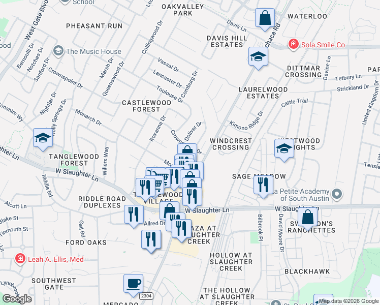 map of restaurants, bars, coffee shops, grocery stores, and more near 9406 Kempler Drive in Austin