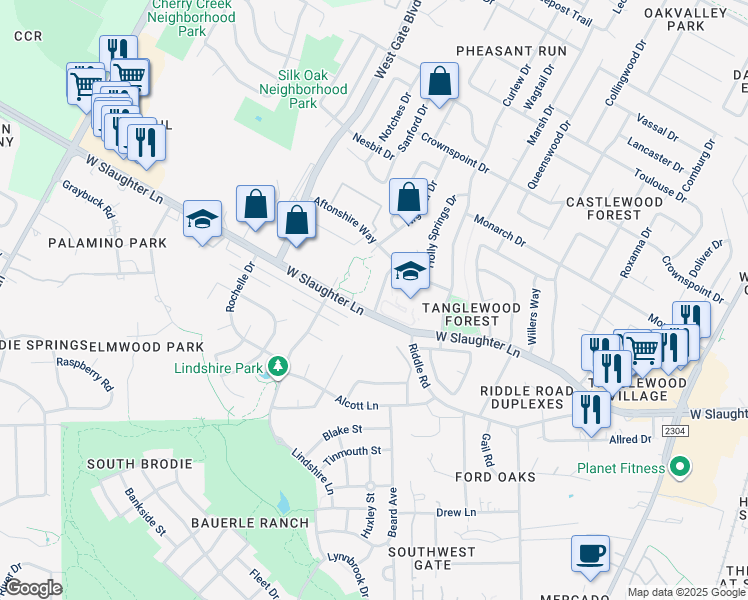 map of restaurants, bars, coffee shops, grocery stores, and more near 9904 Brasher Drive in Austin