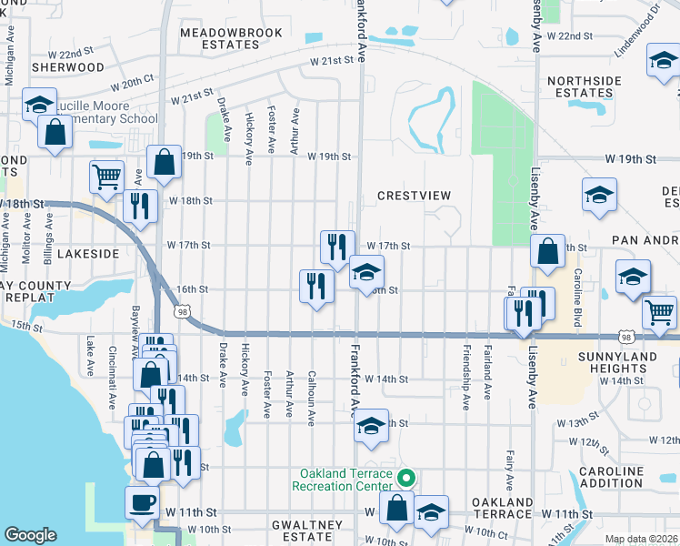 map of restaurants, bars, coffee shops, grocery stores, and more near 1613 Clay Avenue in Panama City