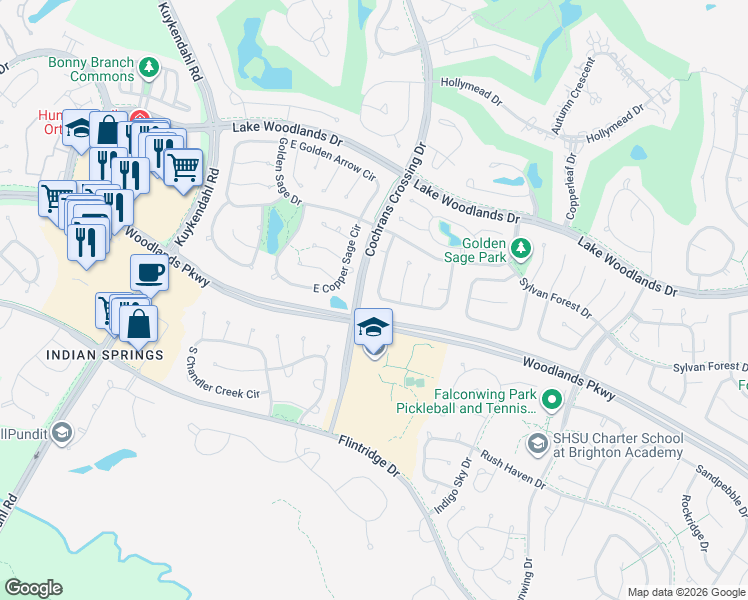 map of restaurants, bars, coffee shops, grocery stores, and more near 104 West Bonneymead Circle in Spring