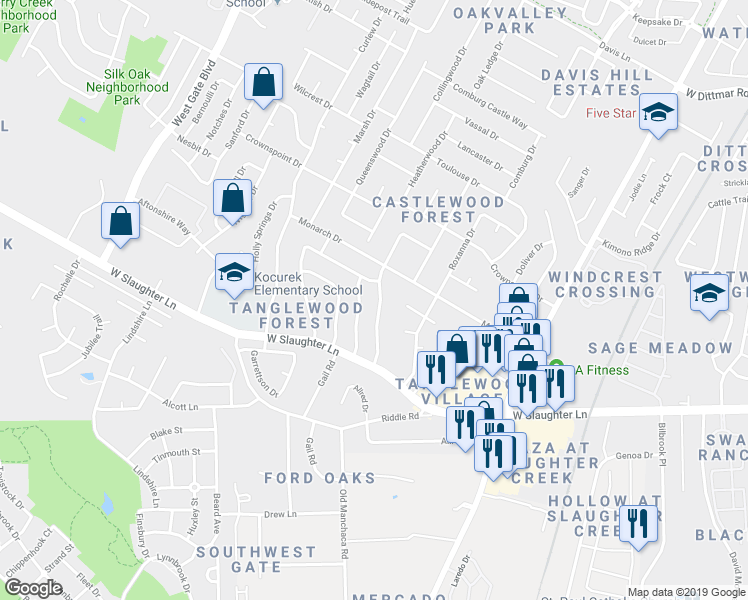 map of restaurants, bars, coffee shops, grocery stores, and more near 9706 Woodshire Drive in Austin