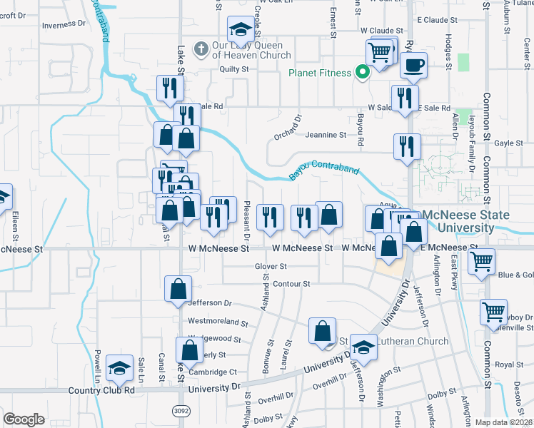 map of restaurants, bars, coffee shops, grocery stores, and more near 4318 Dean Street in Lake Charles