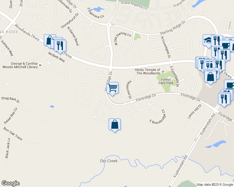 map of restaurants, bars, coffee shops, grocery stores, and more near 7 Mirror Ridge Drive in Spring