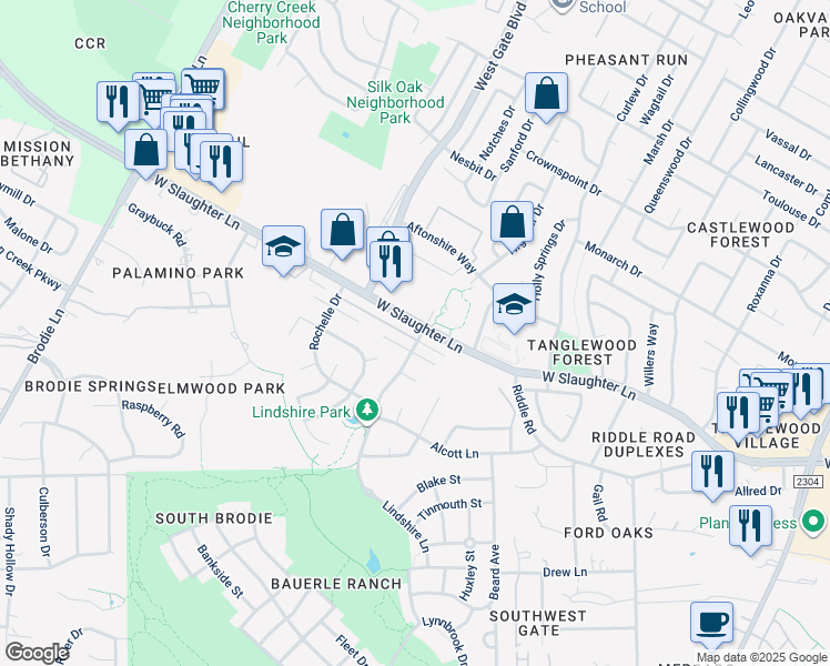 map of restaurants, bars, coffee shops, grocery stores, and more near 2901 West Slaughter Lane in Austin