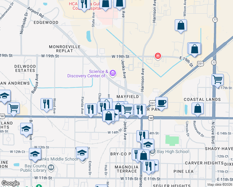 map of restaurants, bars, coffee shops, grocery stores, and more near 1545 Oak Avenue in Panama City