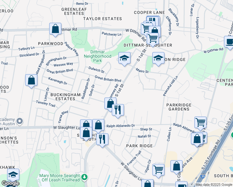 map of restaurants, bars, coffee shops, grocery stores, and more near 8409 Romney Road in Austin