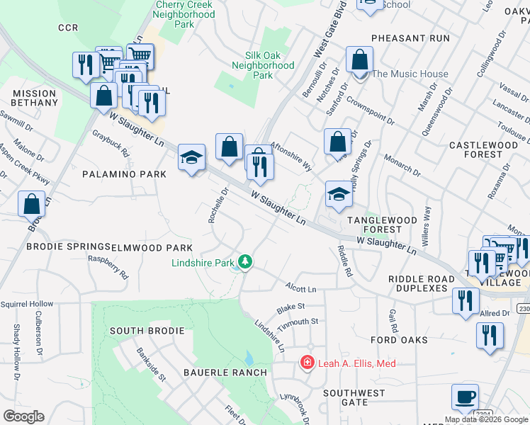 map of restaurants, bars, coffee shops, grocery stores, and more near 3003 West Slaughter Lane in Austin