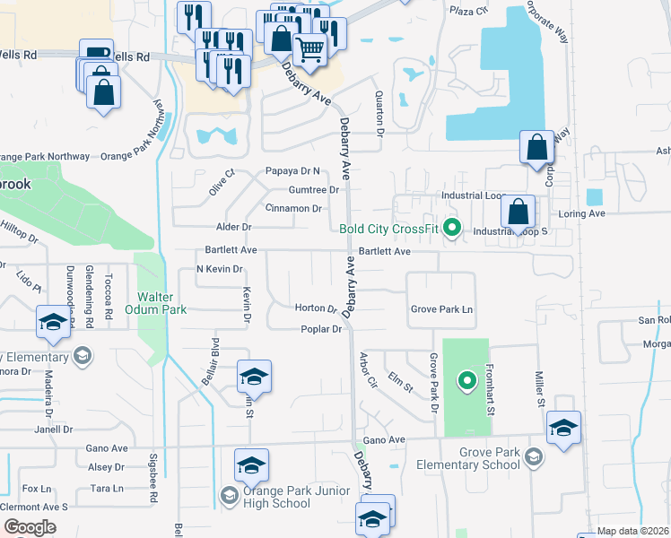 map of restaurants, bars, coffee shops, grocery stores, and more near 210 Quince Court in Orange Park
