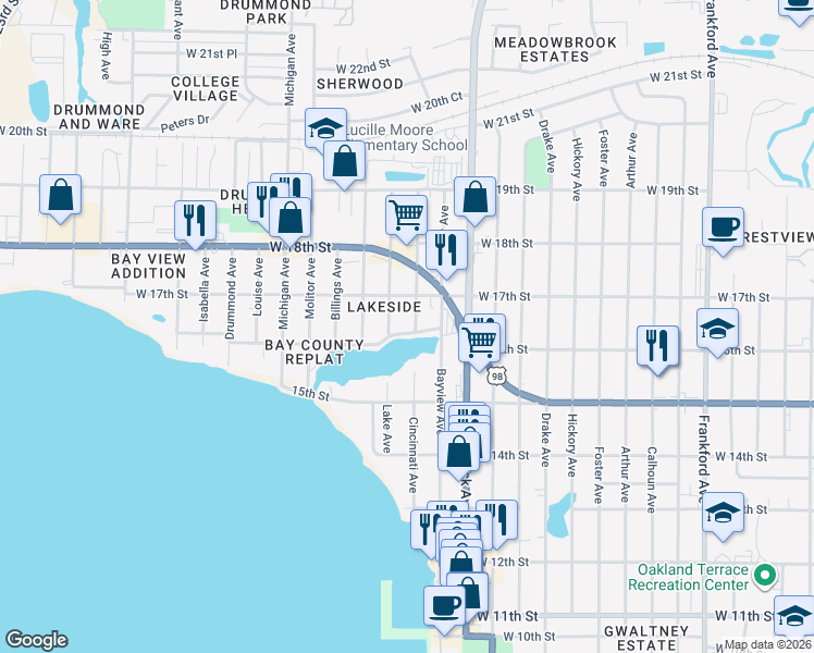 map of restaurants, bars, coffee shops, grocery stores, and more near 1611 Cincinnati Avenue in Panama City