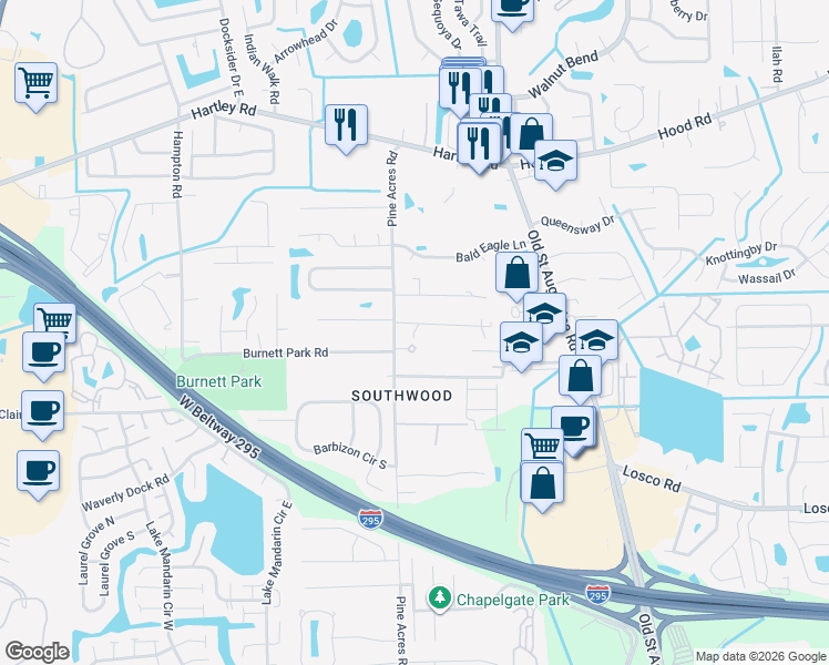 map of restaurants, bars, coffee shops, grocery stores, and more near 4072 Joy Lane in Jacksonville