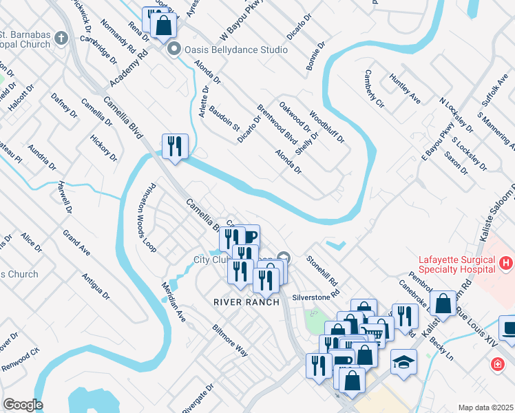 map of restaurants, bars, coffee shops, grocery stores, and more near 401 Shelly Drive in Lafayette