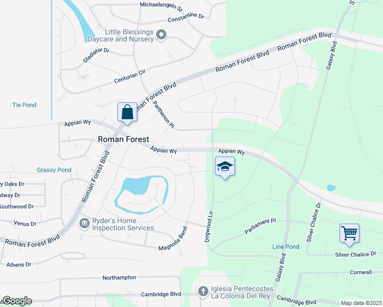 map of restaurants, bars, coffee shops, grocery stores, and more near 634 Magnolia Bend in Roman Forest