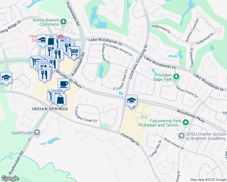 map of restaurants, bars, coffee shops, grocery stores, and more near 59 South Copper Sage Circle in Spring