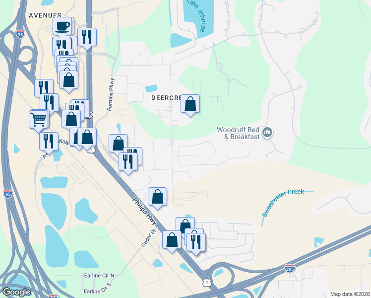 map of restaurants, bars, coffee shops, grocery stores, and more near 7559 Fawn Lake Drive North in Jacksonville