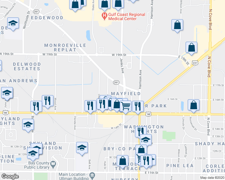 map of restaurants, bars, coffee shops, grocery stores, and more near 1540 Mulberry Avenue in Panama City