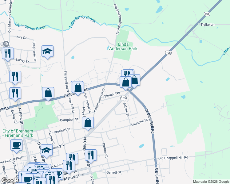 map of restaurants, bars, coffee shops, grocery stores, and more near 1503 Simon Avenue in Brenham