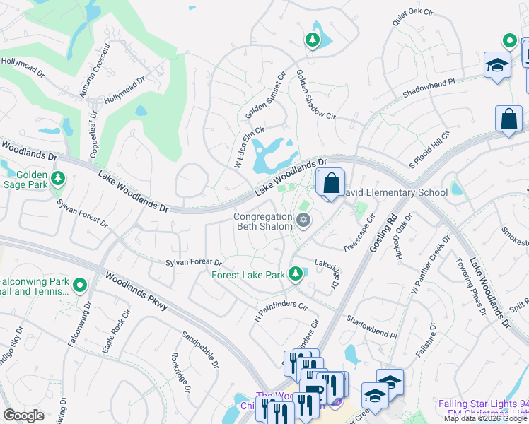 map of restaurants, bars, coffee shops, grocery stores, and more near 190 East Rainbow Ridge Circle in The Woodlands