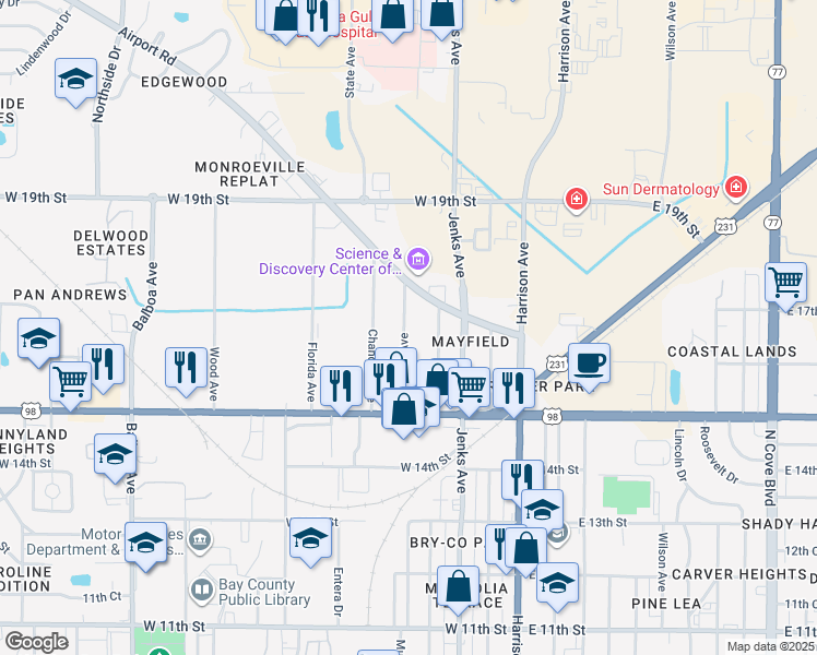 map of restaurants, bars, coffee shops, grocery stores, and more near 1545 Mulberry Avenue in Panama City