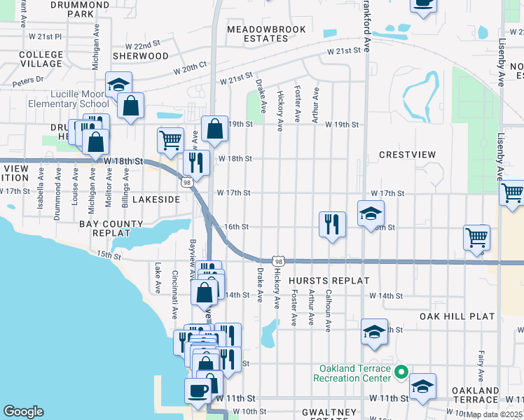 map of restaurants, bars, coffee shops, grocery stores, and more near 1610 Drake Avenue in Panama City