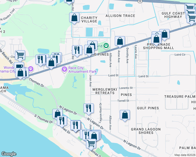 map of restaurants, bars, coffee shops, grocery stores, and more near 9101 Laird Street in Panama City