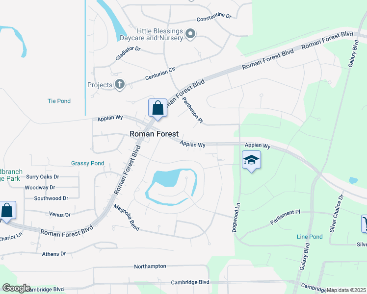 map of restaurants, bars, coffee shops, grocery stores, and more near 2526 Appian Way in New Caney