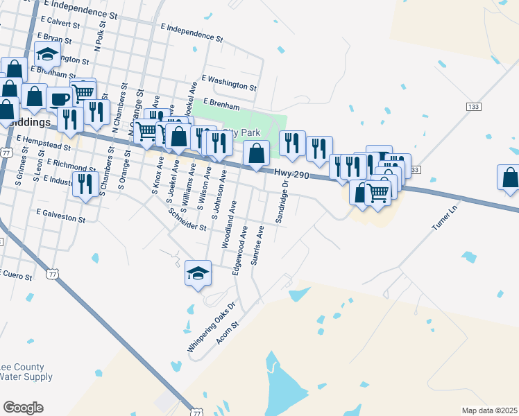 map of restaurants, bars, coffee shops, grocery stores, and more near 14 Edgewood Avenue in Giddings