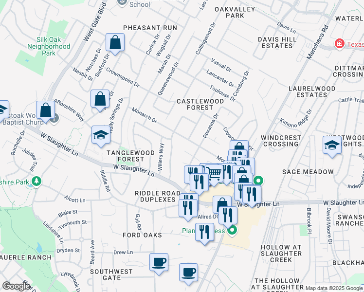 map of restaurants, bars, coffee shops, grocery stores, and more near 2403 Monarch Drive in Austin