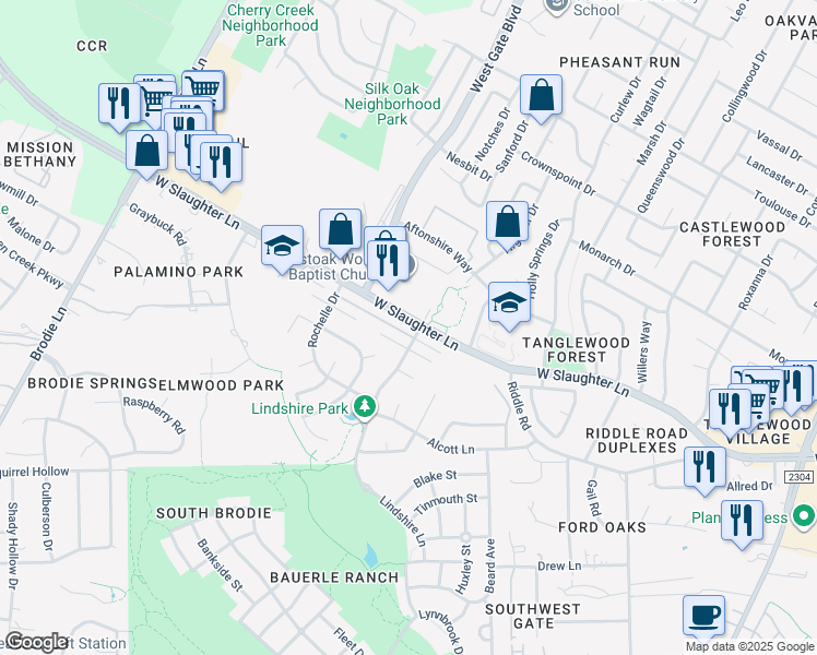 map of restaurants, bars, coffee shops, grocery stores, and more near 2901 West Slaughter Lane in Austin