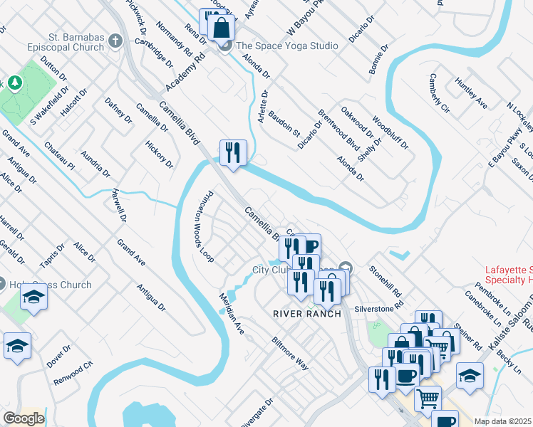 map of restaurants, bars, coffee shops, grocery stores, and more near 623 Elysian Fields Drive in Lafayette