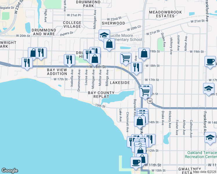 map of restaurants, bars, coffee shops, grocery stores, and more near 1608 Billings Avenue in Panama City