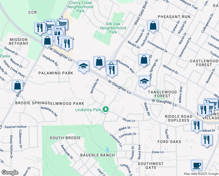 map of restaurants, bars, coffee shops, grocery stores, and more near 3002 Jadewood Court in Austin
