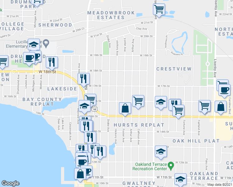 map of restaurants, bars, coffee shops, grocery stores, and more near 1607 Hickory Avenue in Panama City