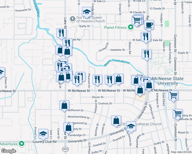 map of restaurants, bars, coffee shops, grocery stores, and more near 4318 Dean Street in Lake Charles