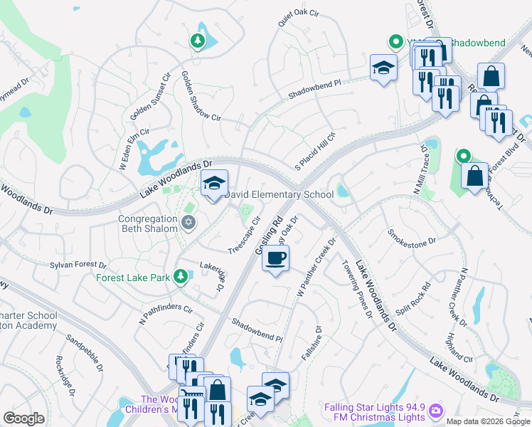 map of restaurants, bars, coffee shops, grocery stores, and more near 101 Treescape Circle in Spring