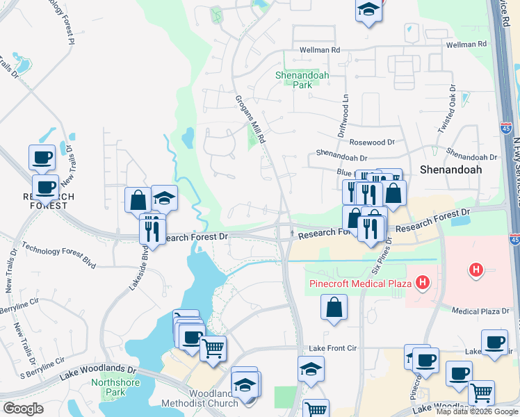 map of restaurants, bars, coffee shops, grocery stores, and more near 10 Prosewood Drive in Spring