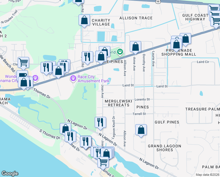 map of restaurants, bars, coffee shops, grocery stores, and more near 9101 Laird Street in Panama City