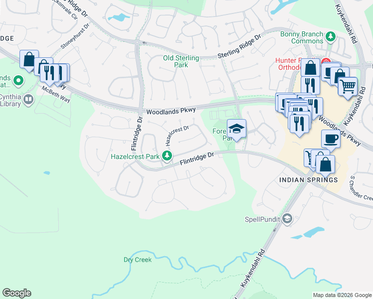 map of restaurants, bars, coffee shops, grocery stores, and more near 31 Villa Canyon Place in Spring